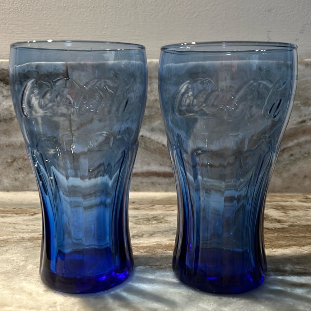 Set of 2 cobalt blue Coca Cola glasses